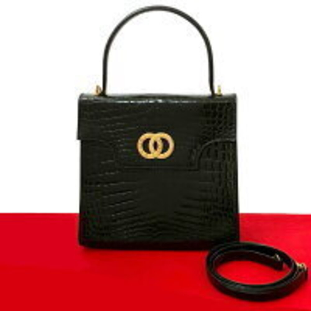 CELINE Double Circle Logo Leather Handbag Shoulder Bag Black